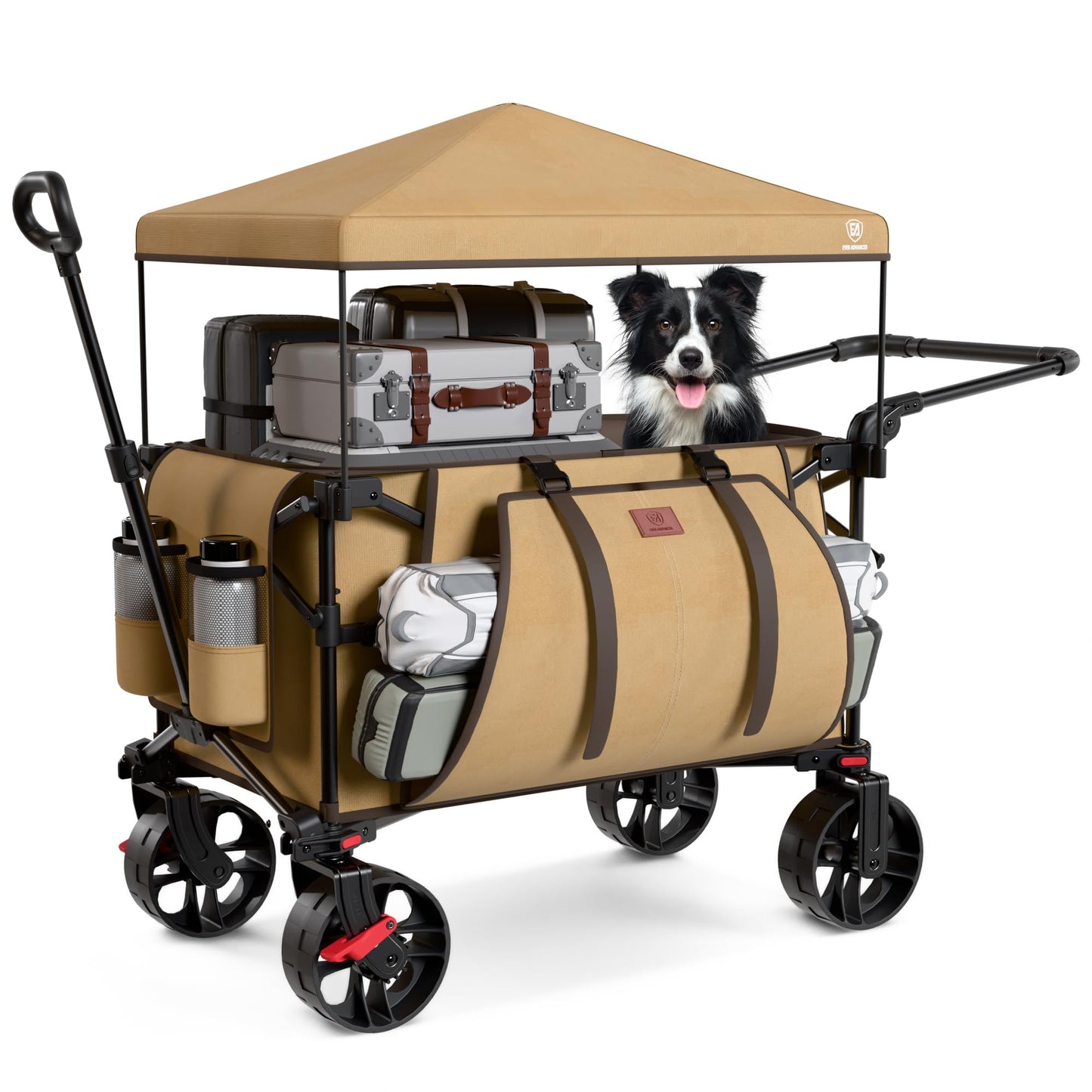 EVER ADVANCED Folding Push Wagon with Canopy, Portable Shopping Cart with Brakes, Collapsible Wagon Cart with All-Terrain Big Wheels for Camping, Beach, Sports