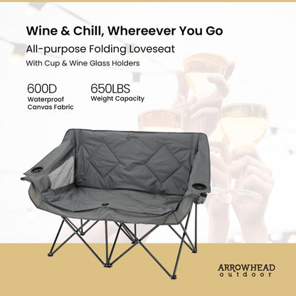 ARROWHEAD OUTDOOR 2-Pack Portable Folding Double Duo Camping Chair Loveseat w/ 2 Cup & Wine Glass Holder, Carrying Bag, Supports up to 650lbs
