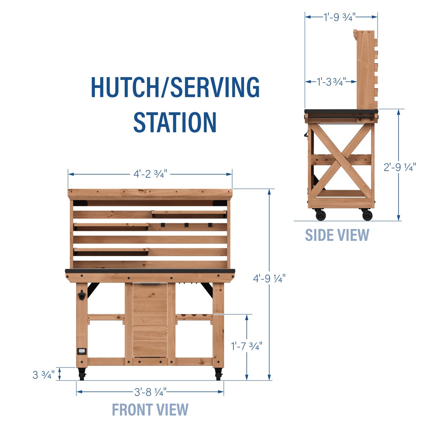 Backyard Discovery 48" Cedar Wood Buffet Hutch Serving Station with Galvanized Steel Countertop, Wine Rack, Wine Glass Rack, Trash Bin, Modular Shelves, Towel Bar, Drink and Food Prep, Indoor/Outdoor