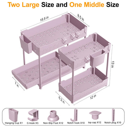 3 Pack Under Sink Organizers, 2-Tier Multi-Use Kitchen and Bathroom Organizers and Storage with Sliding Drawers，Bathroom Cabinet Organizer (Black, 12.8 Inch)