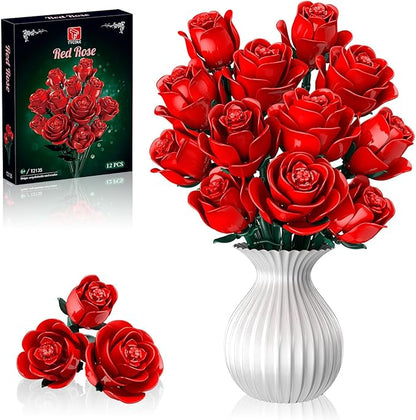 Red Rose Bouquet Building Set 12 Artificial Roses Flower Building Blocks for Adult Women Botanical Collection Home Decor Romantic Gift for Mother's Day Valentine's for Adults Girls (512 PCS)