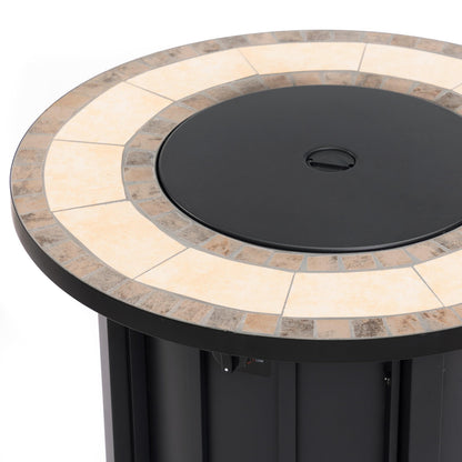 30" Propane Gas Fire Pit Table, 50000 BTU Round Outdoor Fire Pit with Mosaic Ceramic Tabletop, Steel Patio Fire Table with Lid & Rain Cover for Backyard Deck Garden, Black
