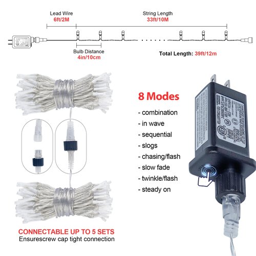 Hopolon 100 LED Christmas Lights Indoor Outdoor,33FT Warm White Twinkle Fairy Light Plug in,8 Modes Waterproof Clear Wire String Lights for Bedroom Classroom Xmas Tree Wedding Party,100 LED,Warm White