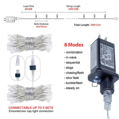 Hopolon 100 LED Christmas Lights Indoor Outdoor,33FT Warm White Twinkle Fairy Light Plug in,8 Modes Waterproof Clear Wire String Lights for Bedroom Classroom Xmas Tree Wedding Party,100 LED,Warm White