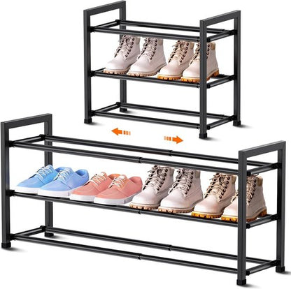 Bumusty Expandable Shoe Rack - 3-Tier Adjustable Organizer for Small Spaces | Sturdy Metal, Black (18"-33")