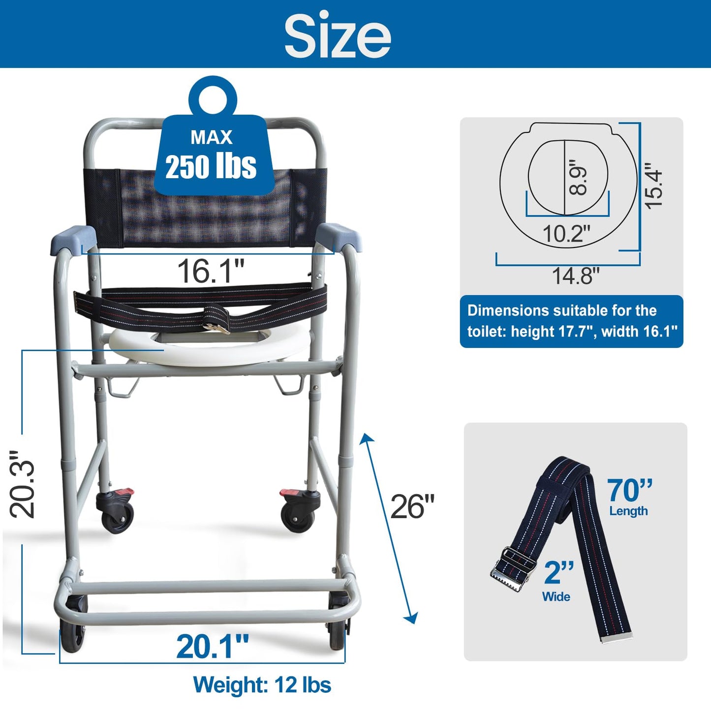 Aliseniors 3-in-1 Shower Chair with Wheels, Portable Bedside Commode & Toilet Safety Rail, Rust-Proof Rolling Commode for Elderly & Disabled, Fits Narrow Bathroom Doors, Waterproof, 250 lbs Capacity