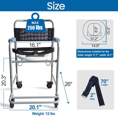 Aliseniors 3-in-1 Shower Chair with Wheels, Portable Bedside Commode & Toilet Safety Rail, Rust-Proof Rolling Commode for Elderly & Disabled, Fits Narrow Bathroom Doors, Waterproof, 250 lbs Capacity