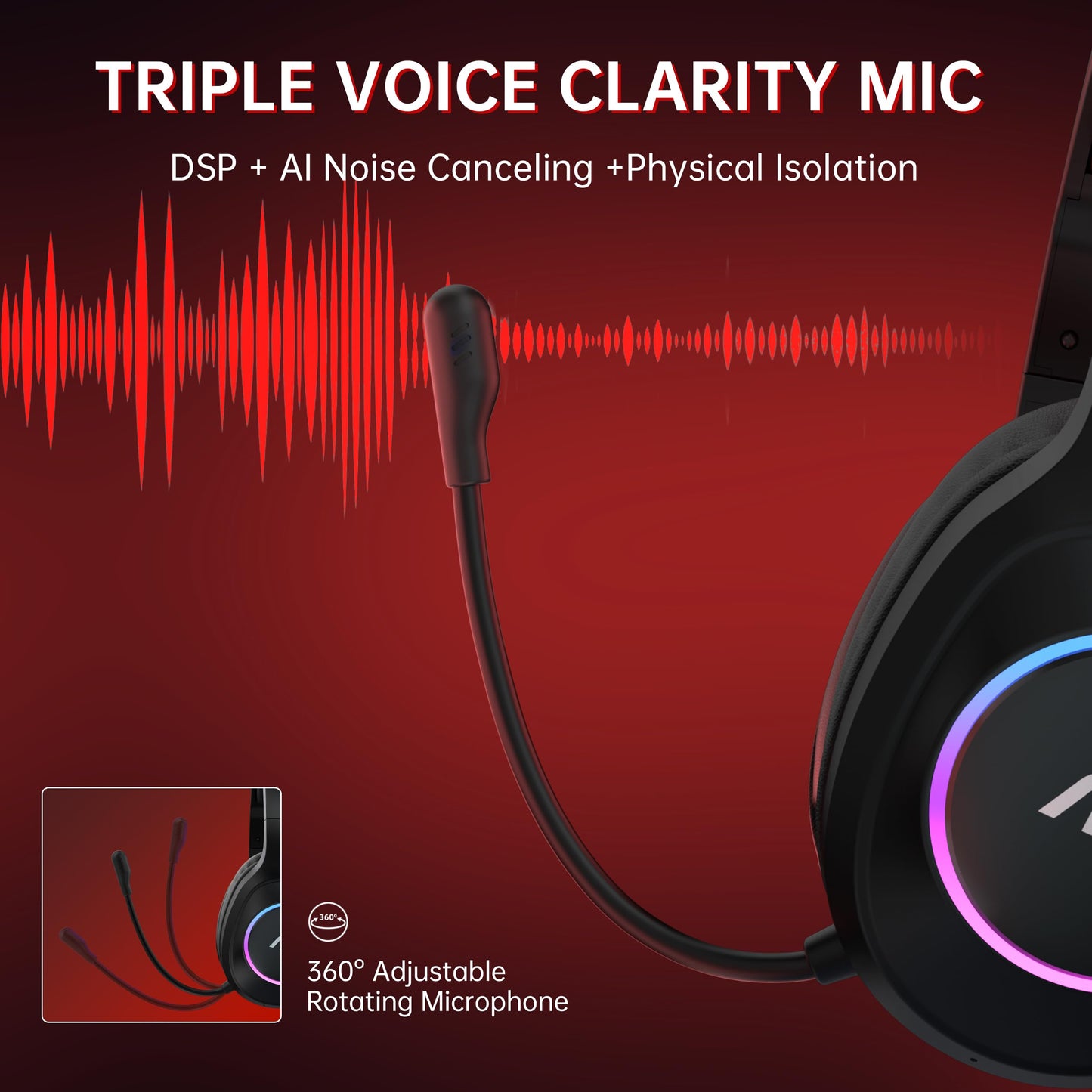 AOC Bluetooth Gaming Headset with Mic for PC, PS5/4, Nintendo Switch, 2.4GHz Wireless Gaming Headphones with RGB, USB-C, 7.1 Virtual Surround 20ms, Latency, 45H Playtime- Red