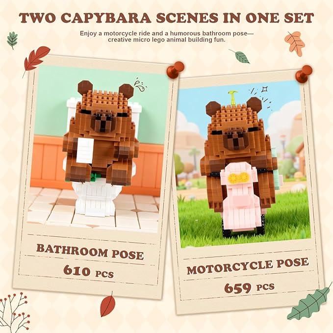 Capybara Building Sets Easter Micro Mini Capybara Models with Motorcycle and Bathroom Scene Funny Animal Desk Decor Gift Christmas Birthday Ages 14+
