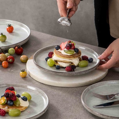 Henten Home Ceramic Dessert Plates, 8 Inch Porcelain Salad Plates Set of 4, Fluted Round Snack Plates for Kitchen, Cake Serving Stoneware Dishes, Reactive Glaze, Scratch Resistant (Grey)