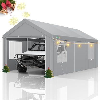 COBIZI Carport Canopy 12x20 Heavy Duty Portable Garage with Removable Sidewalls & Doors, Car Port Canopy Tent with Built-in Sandbags & All-Season Tarp for Car Boat Truck, Gray