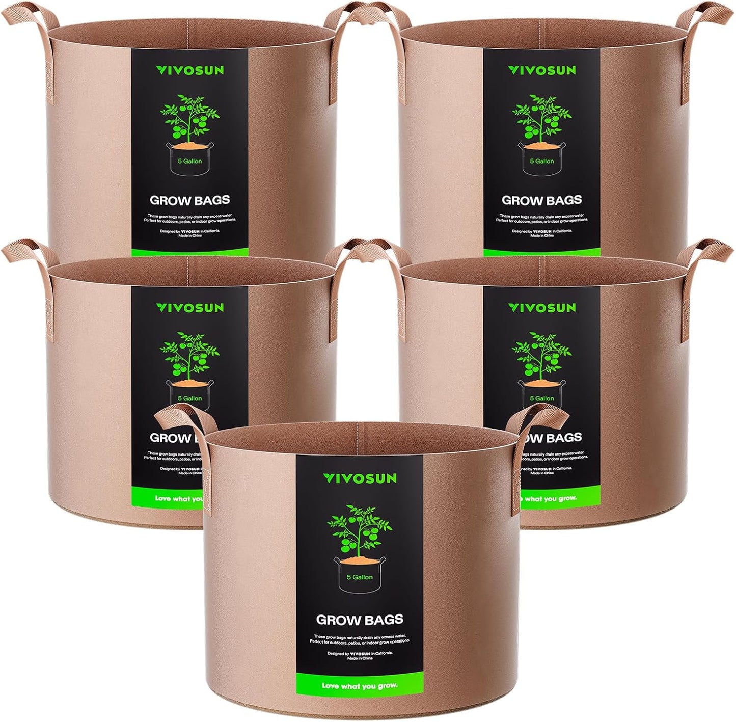 VIVOSUN 5-Pack Heavy Duty 5 Gallon Grow Bags | Thickened Nonwoven Fabric with Strap Handles - Tan