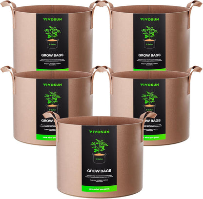 VIVOSUN 5-Pack Heavy Duty 5 Gallon Grow Bags | Thickened Nonwoven Fabric with Strap Handles - Tan