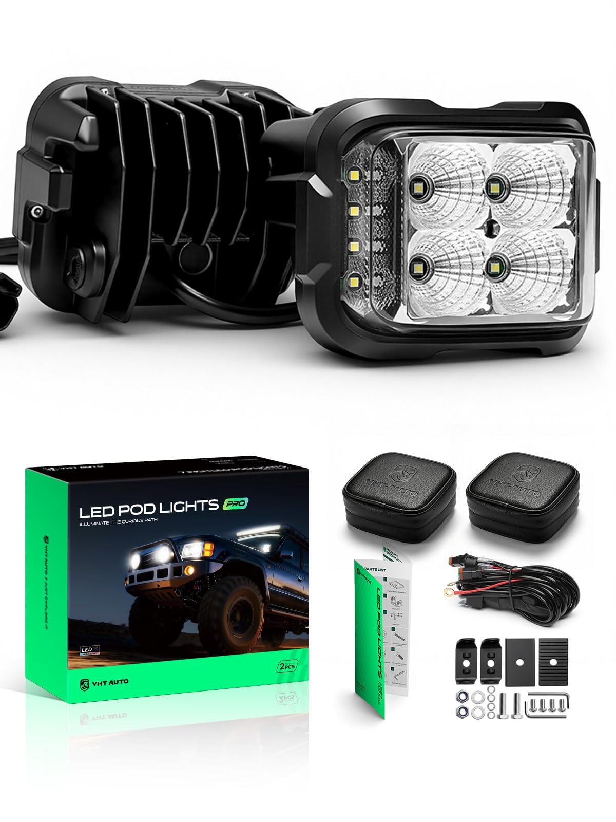 YHTAUTO 4 Inch LED Pod Lights & Light Cover 56W 3800LM 5700K Flood Beam Off Road Camper Working Light Bars for 4x4 Pickup Truck ATV UTV Dirt Bike Motorcycle Boat Trailer IP67 Waterproof Lamp