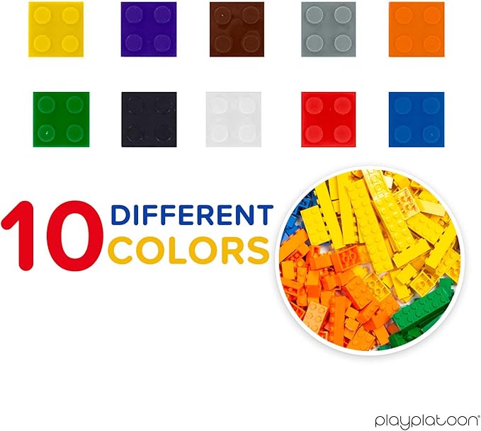 Play Platoon 1100 Pieces Building Bricks Set - 10 Classic Color Blocks - Bulk Building Blocks Compatible with Major Brands 14 Different Shape Bricks - Includes Wheels Tires Axles Windows &amp Doo