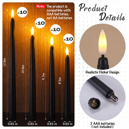 Baquler 40 Pcs Flameless Taper Candles LED Flickering Taper Candlesticks Bulk Battery Operated Flameless Candle for Wedding Halloween Christmas Birthday Decoration, 8.5/9.7/10.8/12.8 Inch (Black)