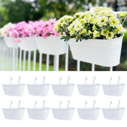 LaLaGreen Outdoor Rail Planter (10 Pack, 9.8 Inch) Small and Cute White Metal Iron Hanging Flower Pot Deck Railings Fence Buckets Countryside Style Wall Mount Window Box Plant Holder Hooks Porch Decor