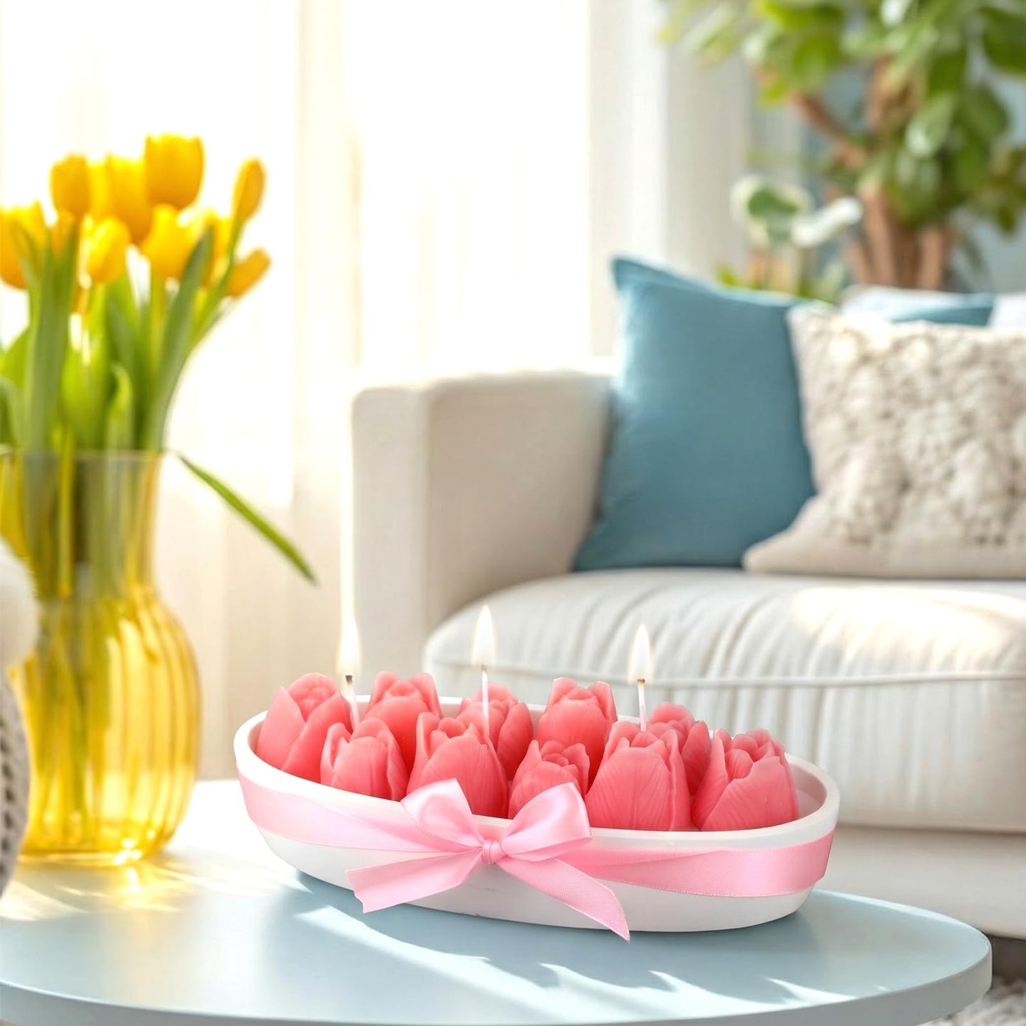 Treela Tulip Candle Gift for Women Teacher Appreciation Gifts 8.7inch Large Pink Tulips Dough Bowl Candle Table Centerpiece Flower Shaped Scented Aesthetic for Birthday Graduation Back to School