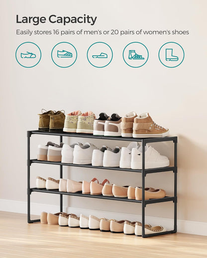 SONGMICS 3-Tier Shoe Rack - Stackable Metal Organizer for 16-20 Pairs | Black, 11.8 x 36.2 x 21.7 Inches