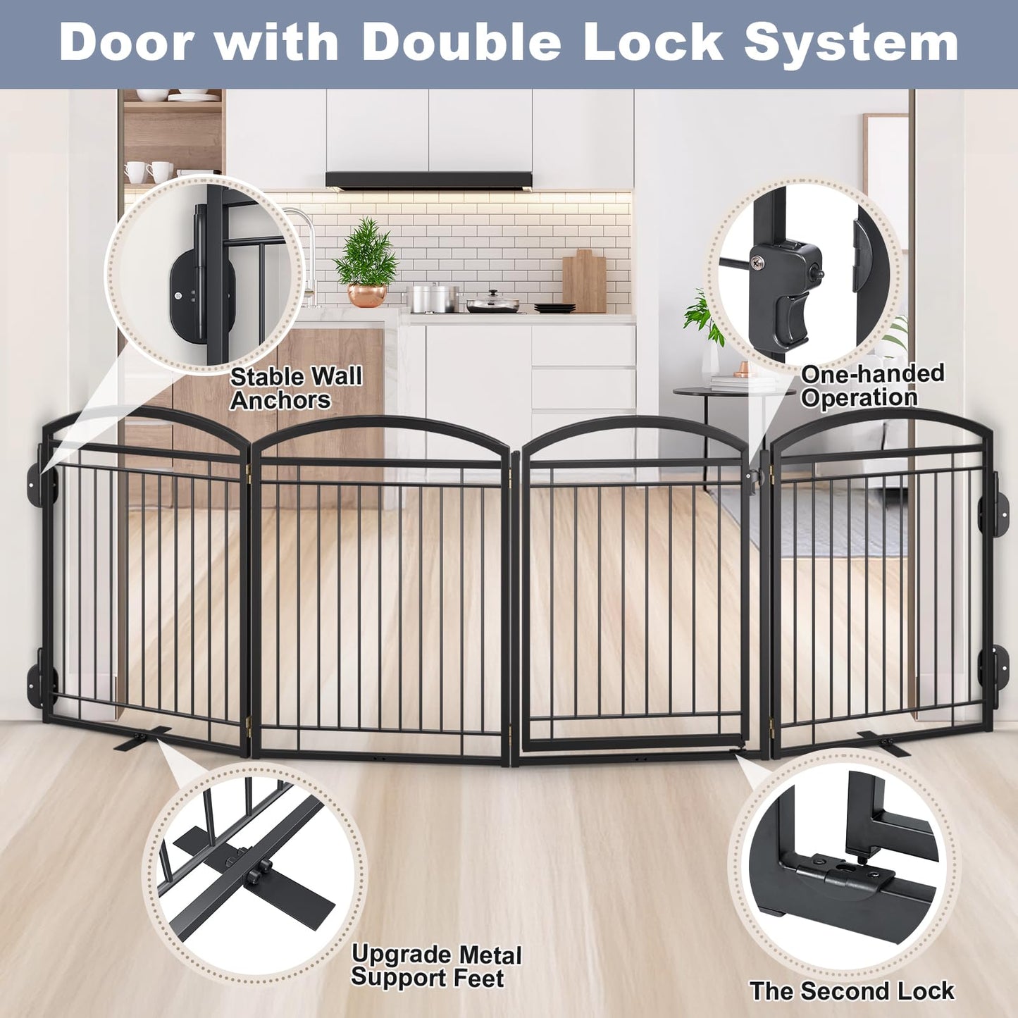 Full Metal Free Standing Dog Gate with Door for Indoor Barriers,144'' Extra Wide 32'' Tall Dog Gate for Doorways,Large Openings,Decks,Freestanding Portable Pet Fence(6 Panels,Black)