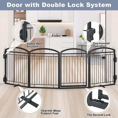 Full Metal Free Standing Dog Gate with Door for Indoor Barriers,144'' Extra Wide 32'' Tall Dog Gate for Doorways,Large Openings,Decks,Freestanding Portable Pet Fence(6 Panels,Black)