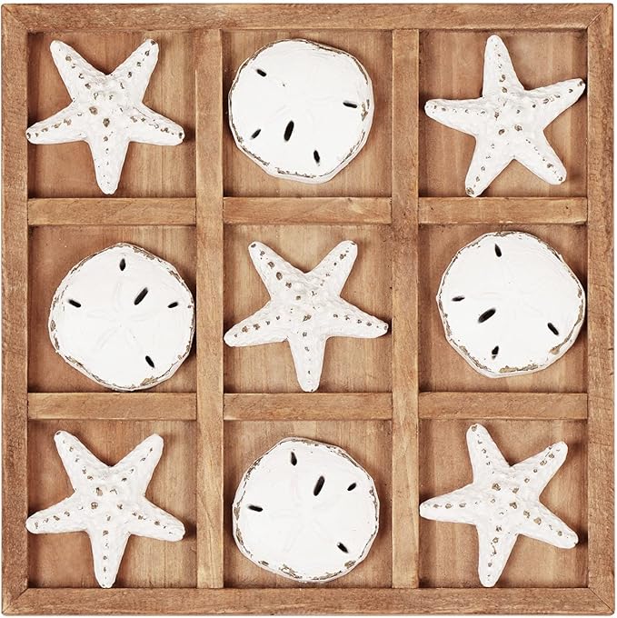 NIKKY HOME Beach Tic Tac Toe for Fun Starfish Sand Dollar Coastal House Coffee Table Decor Wood Board Travel Game 8.97 by 8.97-in Distressed White