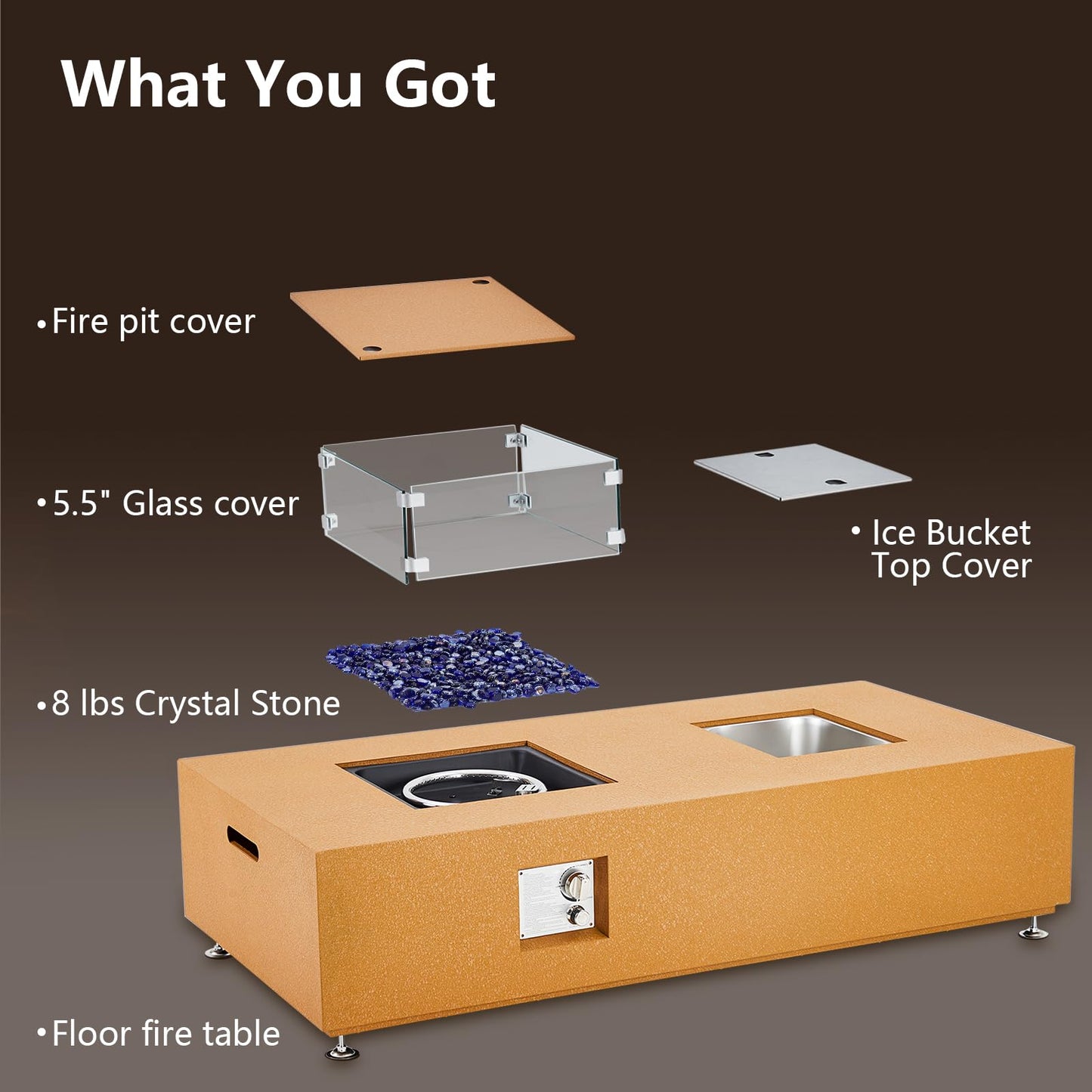 GarveeLife 56" Propane Fire Pit Table with Ice Bucket，50000BTU Fire Table with 13" Square Drink Ice Bucket Wind Guard, Fire Glass Beads & CSA Safety Certified Outdoor Firepit for Patio Garden(Orange)