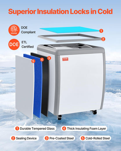 VEVOR Commercial Ice Cream Display Case, 5.6 Cu.ft Chest Freezer, Restaurant Gelato Dipping Cabinet Top Deep Freezer with Locking Casters, Sliding Glass Door, LED Lighting, Hold 4 Ice Cream Tubs