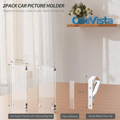 CeleVista 2Pcs Car Picture Holder, Acrylic Magnetic Car Visor Photo Clip, Personalized Car Photo Holder Picture Frame for Adding Family or Personal Photos, Car Accessories Gift