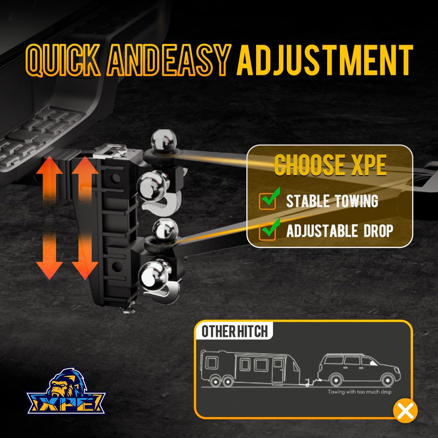 XPE Adjustable Trailer Hitch Fits 2.5-Inch Receiver, Heavy Duty Tow Hitches (18500 LBS GTW) 6 Inch Drop Truck Hitch Tri-Ball Mount with Hook (1-7/8" x 2" x 2-5/16")