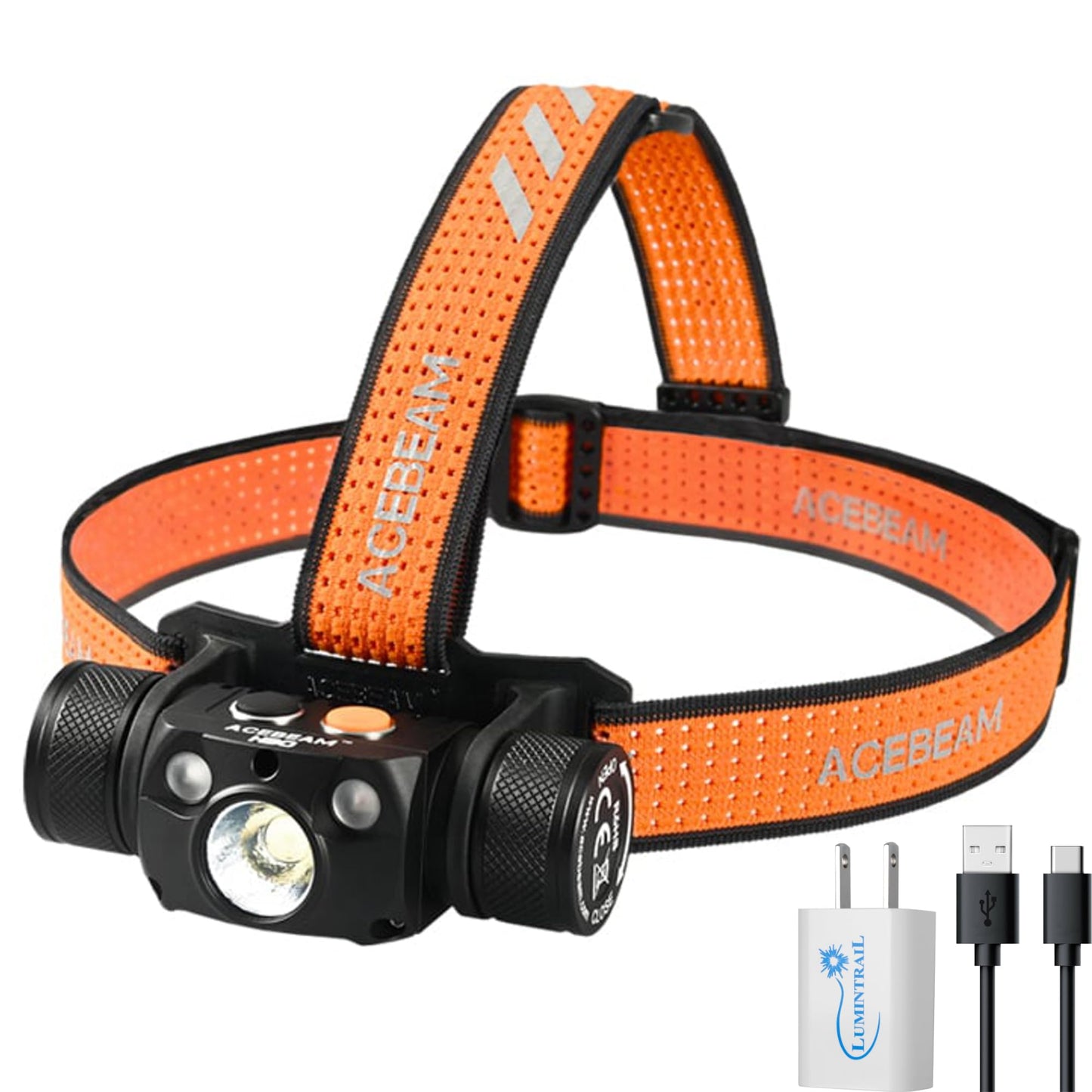 ACEBEAM H30 4000 Lumen Headlamp with Red & Green Auxiliary LEDs, 6500K Cool White, Detachable, IP68 Dust & Waterproof, Bundle with a USB Wall Plug