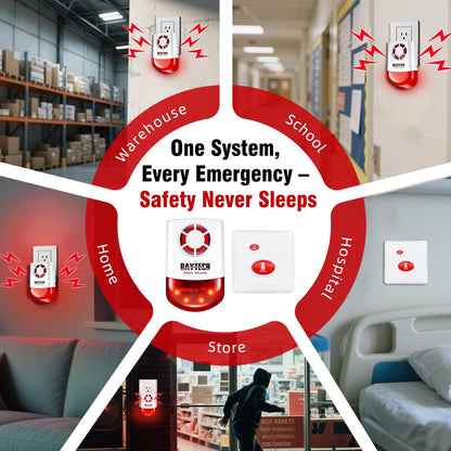 Daytech Panic Alarm Button-Strobe Siren Alarm with Light for Home Caring, 500ft Range, Loud Outdoor SOS Alert System with 2 Red Flashing Siren & 4 Panic Button for Store/Hotel/Jewelry/Shop Security