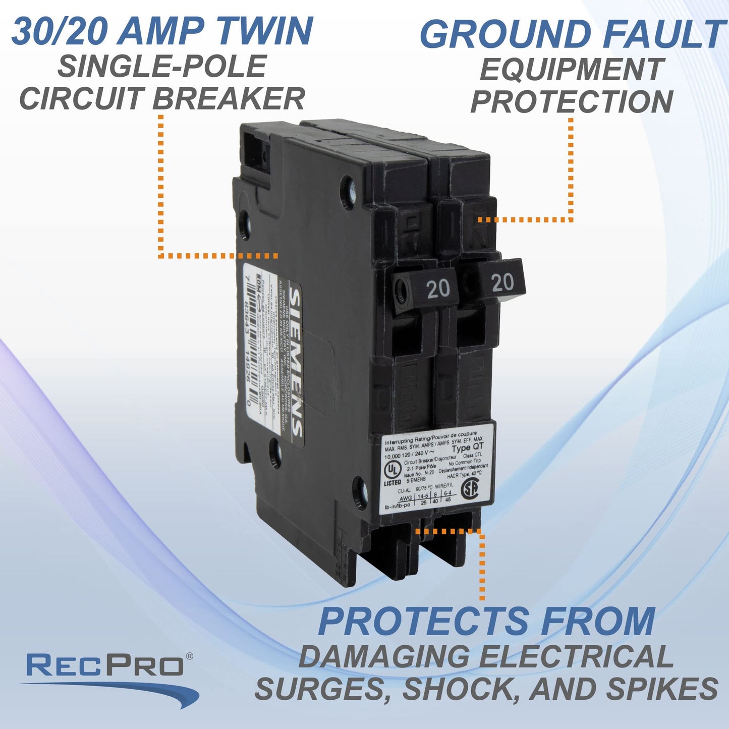 RecPro RV Circuit Breaker Q3020 | 30/20 Amp Twin Single-Pole | 120V Thermal-Magnetic | Standard Trip | Plug-in Type | QT Compatible | Camper/RV Electrical Breaker (6 Pack)