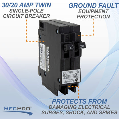 RecPro RV Circuit Breaker Q3020 | 30/20 Amp Twin Single-Pole | 120V Thermal-Magnetic | Standard Trip | Plug-in Type | QT Compatible | Camper/RV Electrical Breaker (6 Pack)