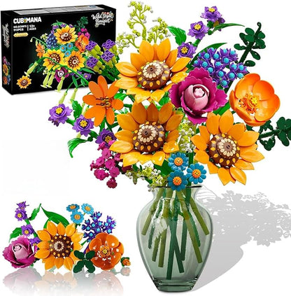 Wild Flowers Bouquet Building Set with Lights - 912PCS Wildflower 18 Botanicals Collection Building Blocks Sunflower Rose Plants Home Decor Easter Gift for Her Mom Women Adults Girls 12+
