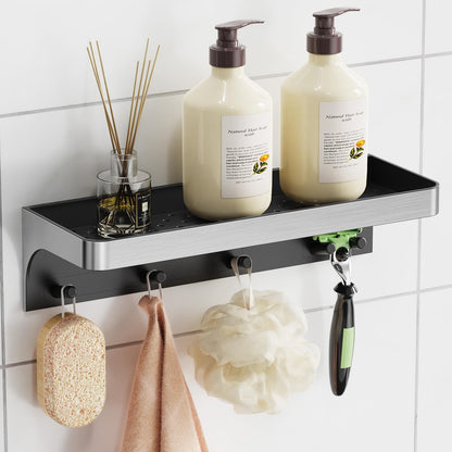Skiennix Shower Caddy - Adhesive Shower Shelves with Hooks | No Drill, Rustproof Bathroom Organizer - Silver