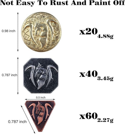 Byhoo 120 PCS Metal Coins Gold Silver and Copper Come Fake Coins for DND Fantasy Coins for Games Tokens RPG Games Accessories for Board Games Dungeons and Dragons