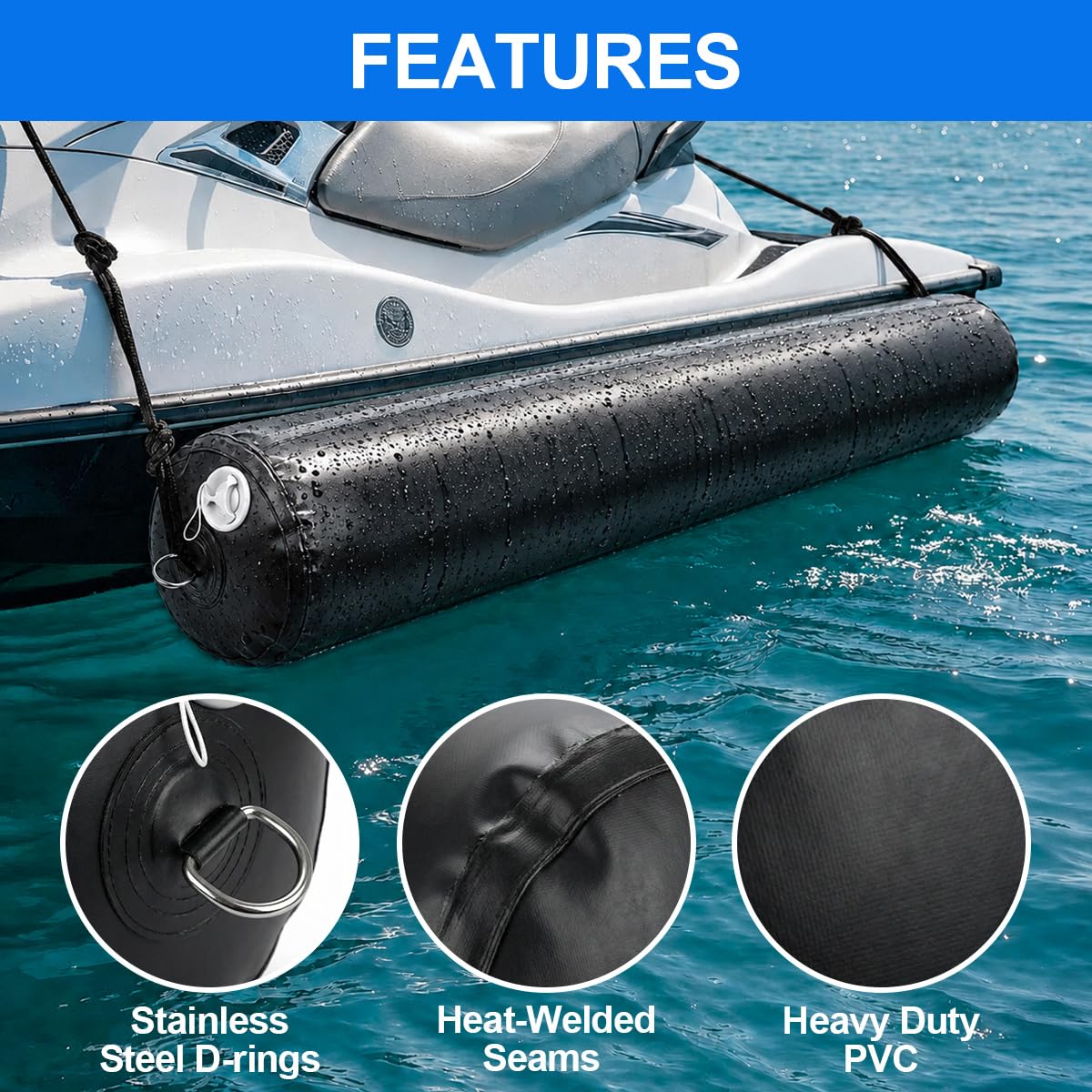 FUCNEN Inflatable Boat Fenders for Docking,24" x 5' Heavy Duty PVC Boat Bumpers with Electric Pump, Fender Covers, Ropes & Storage Bag, Dock Fenders for Pontoon, Fishing Boat, Yacht (1 Pack)