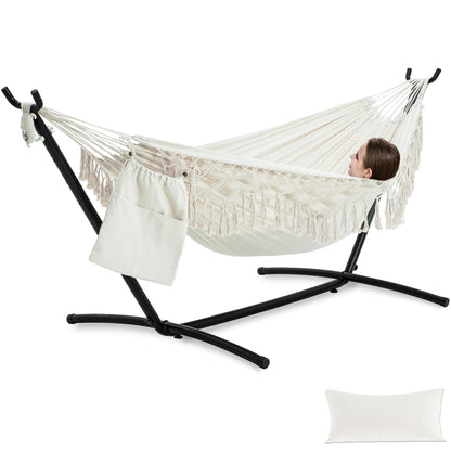 PNAEUT Handmade Tassel Hammocks, Double Hammock with Stand for Outside, Max 450 lbs Capacity, Pillow & Storage Bag Included (Beige)