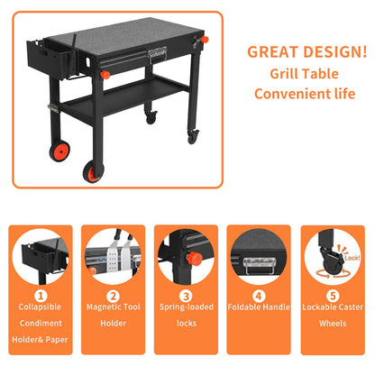JiRiCHMi Blackstone Griddle Stand, Portable Outdoor Grill Table, Foldable Grill Cart With Wheels Fit 22 Inch or 17 Inch, Camping Folding Pizza Oven Tables Fit Ninja Grill and Weber，Blackstone Table