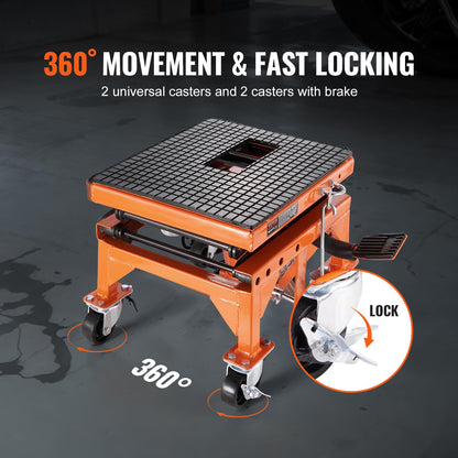 VEVOR Hydraulic Motorcycle Lift Table, 350 lbs Capacity Motorcycle Scissor Jack Lift with Wide Deck, J-Hooks, 4 Wheels, Hydraulic Foot-Operated Jack Stand for ATV Dirt Bikes