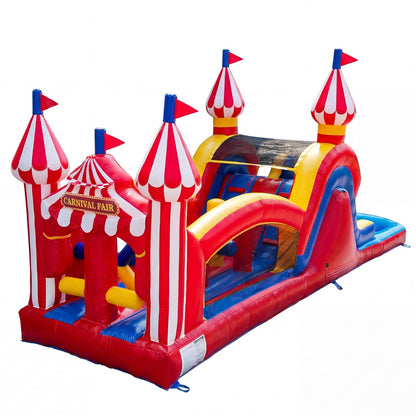 WONDER DOME 28FT Carnival Obstacle Course Water Slide, Wet/Dry Inflatable Bounce House with Climbing Wall, Obstacles & Dual Slides, Commercial-Grade PVC, Blower Included