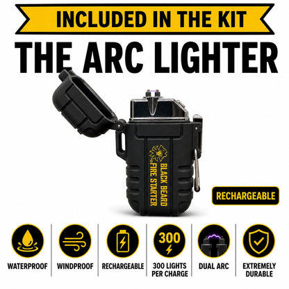Black Beard Fire Plug Kit - 50 Waterproof Fire Plugs, Arc Lighter, Ferro Rod and Organizer Case for Camping, Backpacking and Emergency Survival