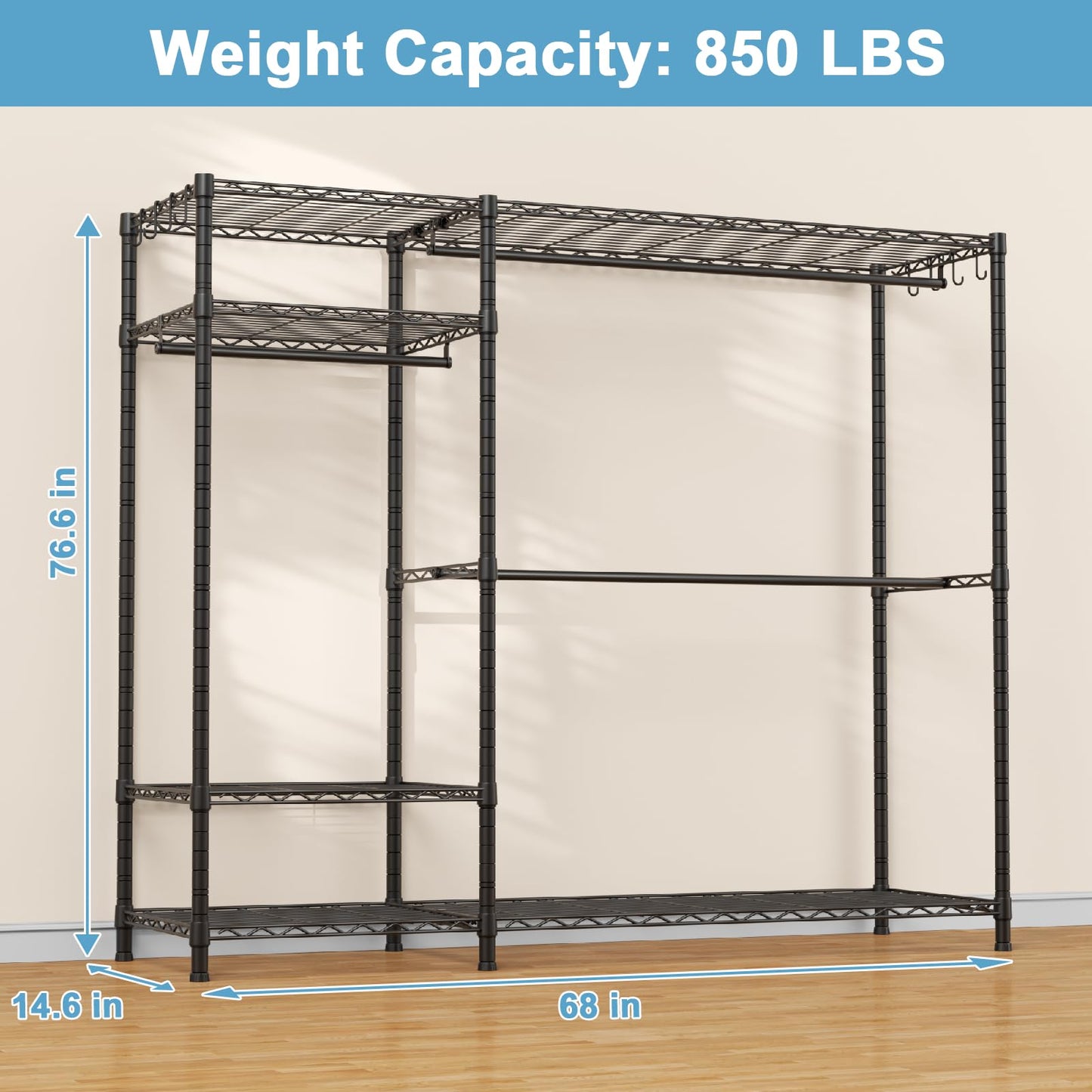 Ulif F7 Plus Garment Rack, Heavy Duty Clothes Rack, Clothing Racks for Hanging Clothes, 6-Tiers Freestanding Portable Closet Storage Rack 68'' W × 14.6'' D × 76.6'' H, Max Load 850 Lbs, Black