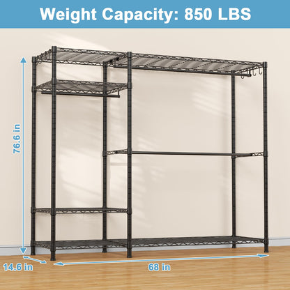 Ulif F7 Plus Garment Rack, Heavy Duty Clothes Rack, Clothing Racks for Hanging Clothes, 6-Tiers Freestanding Portable Closet Storage Rack 68'' W × 14.6'' D × 76.6'' H, Max Load 850 Lbs, Black