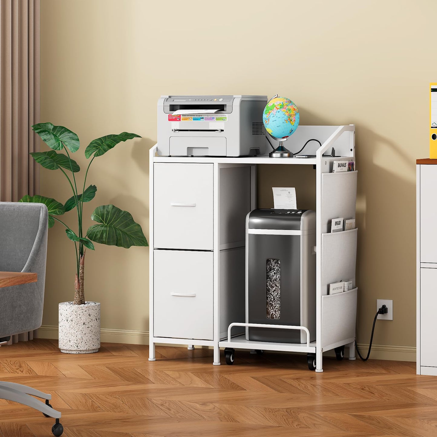 WODRAWER Printer Stand with Fabric Drawers, Lateral Office Filing Cabinets with Power outlets & USB Charging Port, File Cabinet with Large Printer Stands for Home Office, Shredder Stand Rack (White)