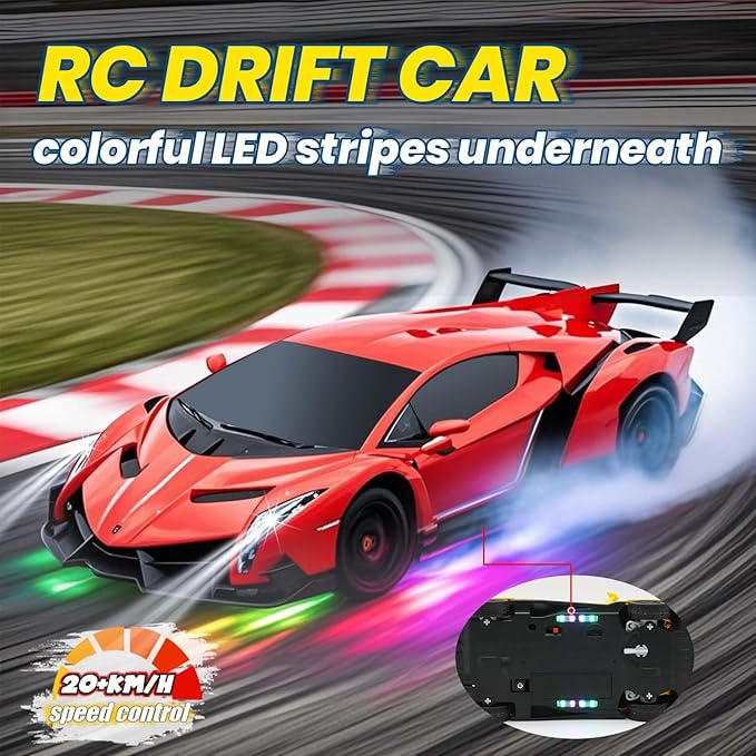 QUN XING Remote Control Car 1:24 Officially Licensed Lambo veneno RC Drift Car with LED Lights 2.4GHz 4WD 15KM/H Fast Speed Control Rechargeable Battery 800mah Birthday for Kids Boys 8-12red