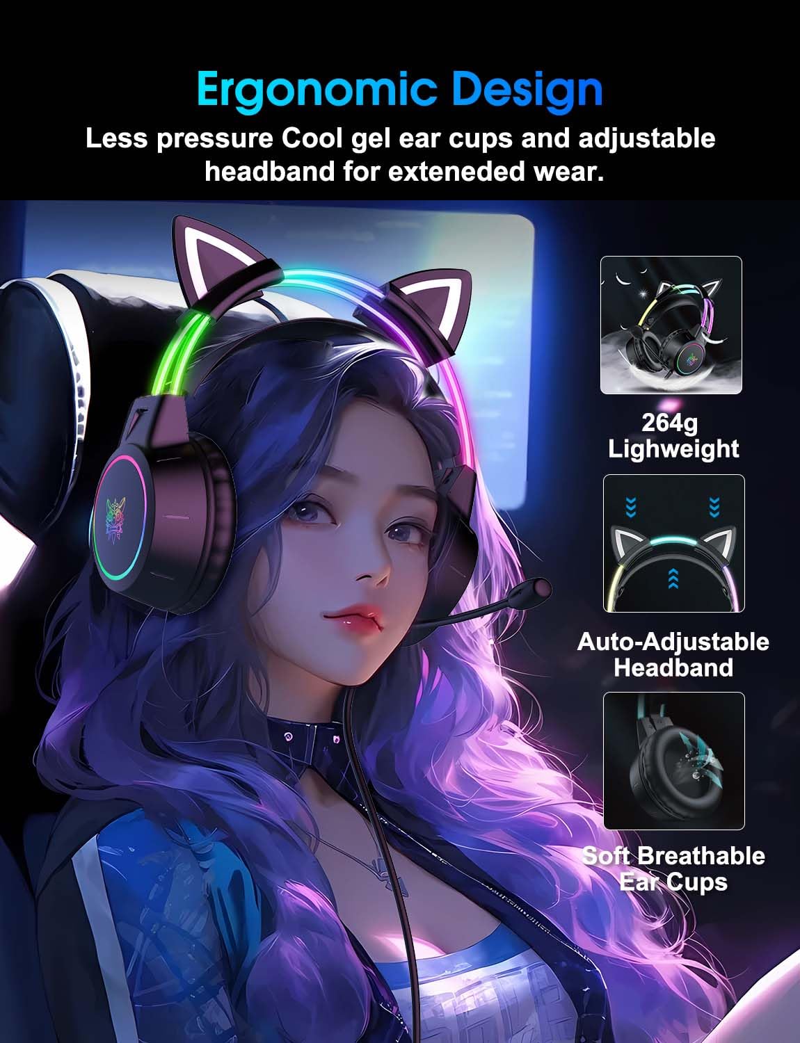 ONITOON Lightweight Gaming Headset with Detachable Cat Ears, RGB Lighting, Wired Over Ear Headphones with Mic for PC, PS4, PS5, Switch, Stereo Surround Sound, Self-Adjusting Headband