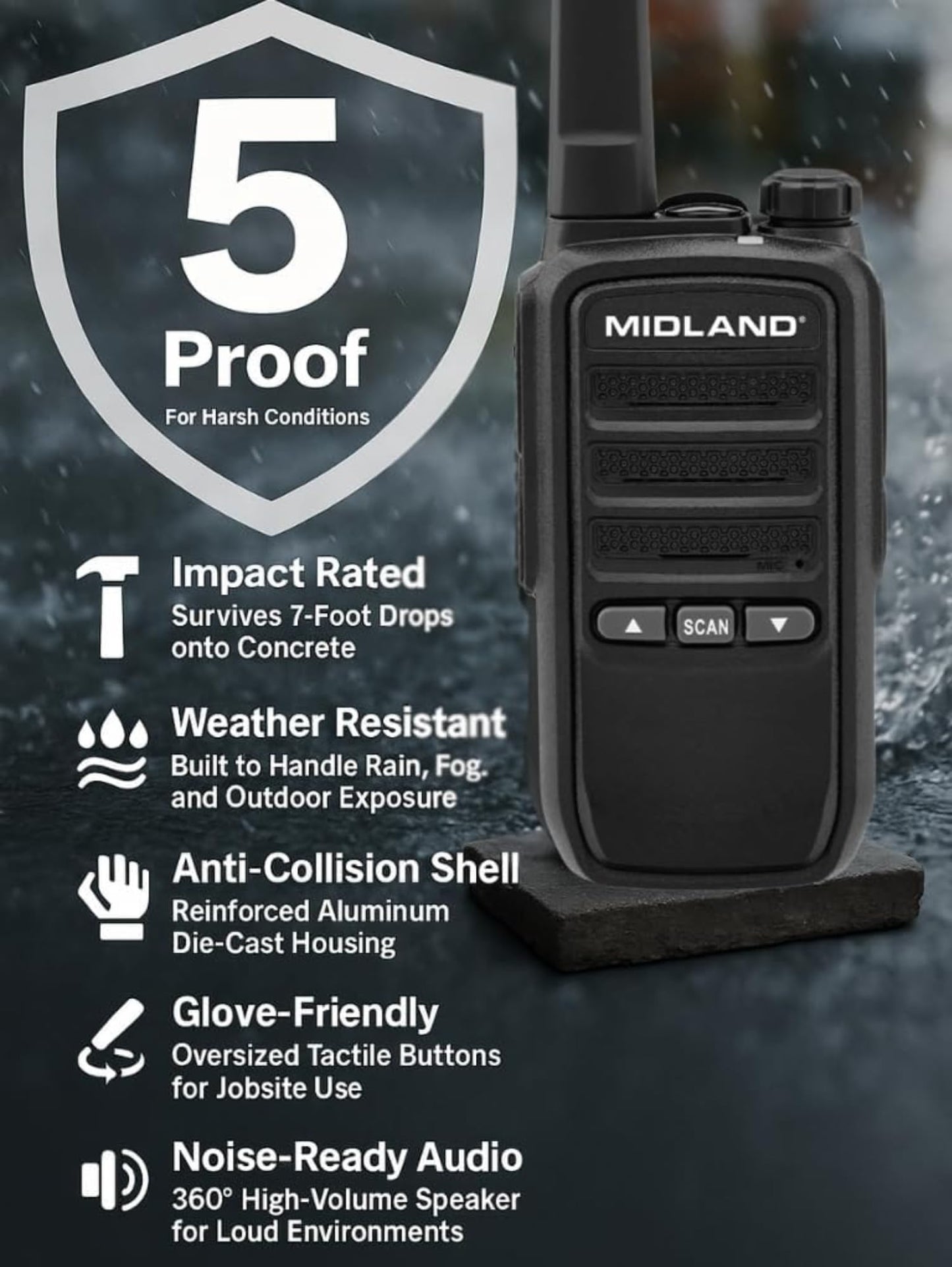 Midland BR10 Heavy-Duty Business Walkie Talkies – 2-Watt Long Range Two-Way Radios, FRS License-Free, Rechargeable Battery, Portable Handhelds for Job Sites & Manufacturing (2-Pack)
