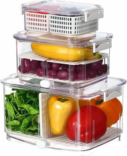Felli Duo Fresh Produce Saver - Ventilated Fruit & Vegetable Container | Colander Strainer for Fridge